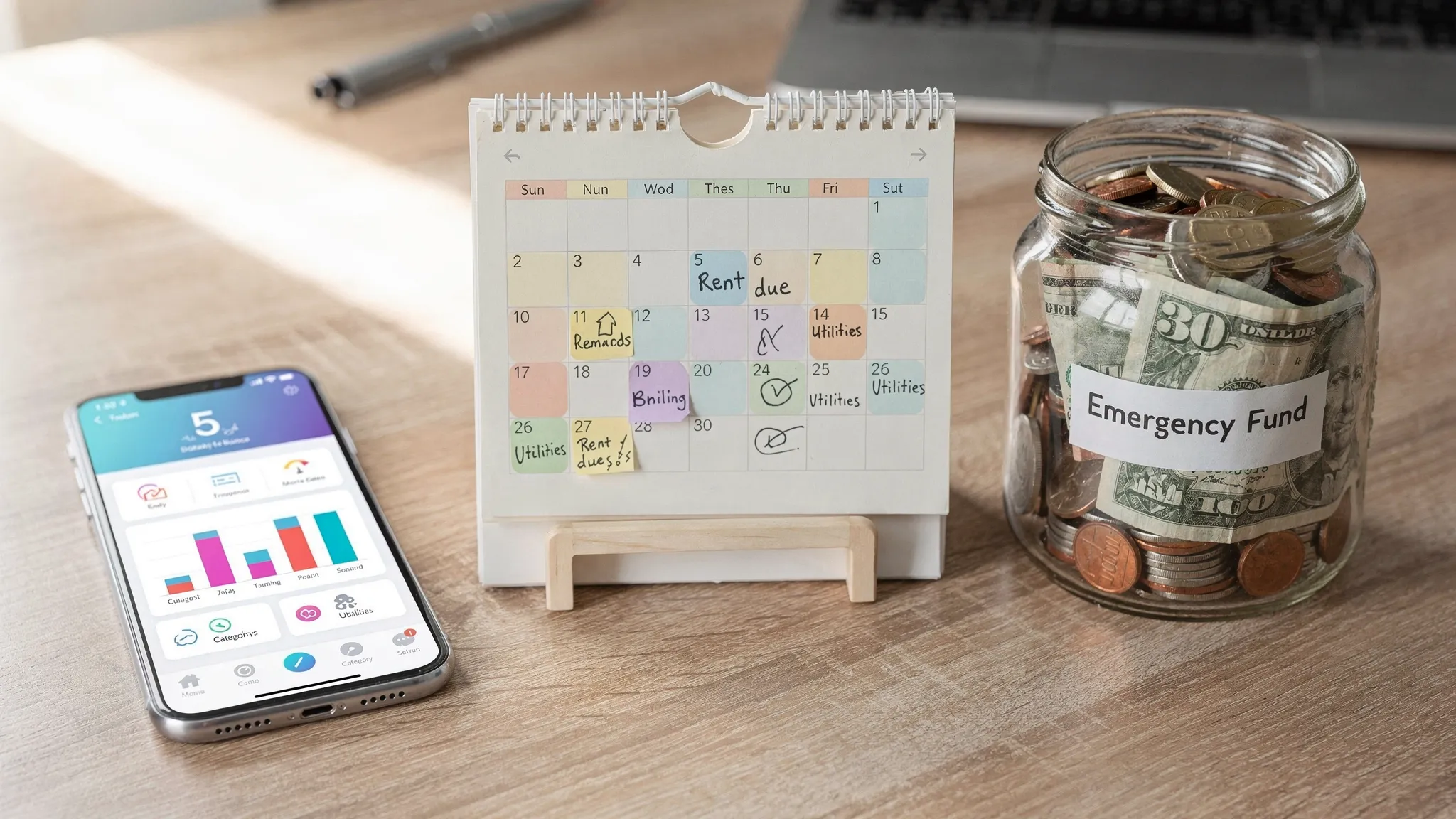 A simple comparison scene showing three approaches: a budgeting app dashboard, a calendar with bill reminders, and a savings goal jar labeled “Emergency Fund,” arranged side by side on a desk.