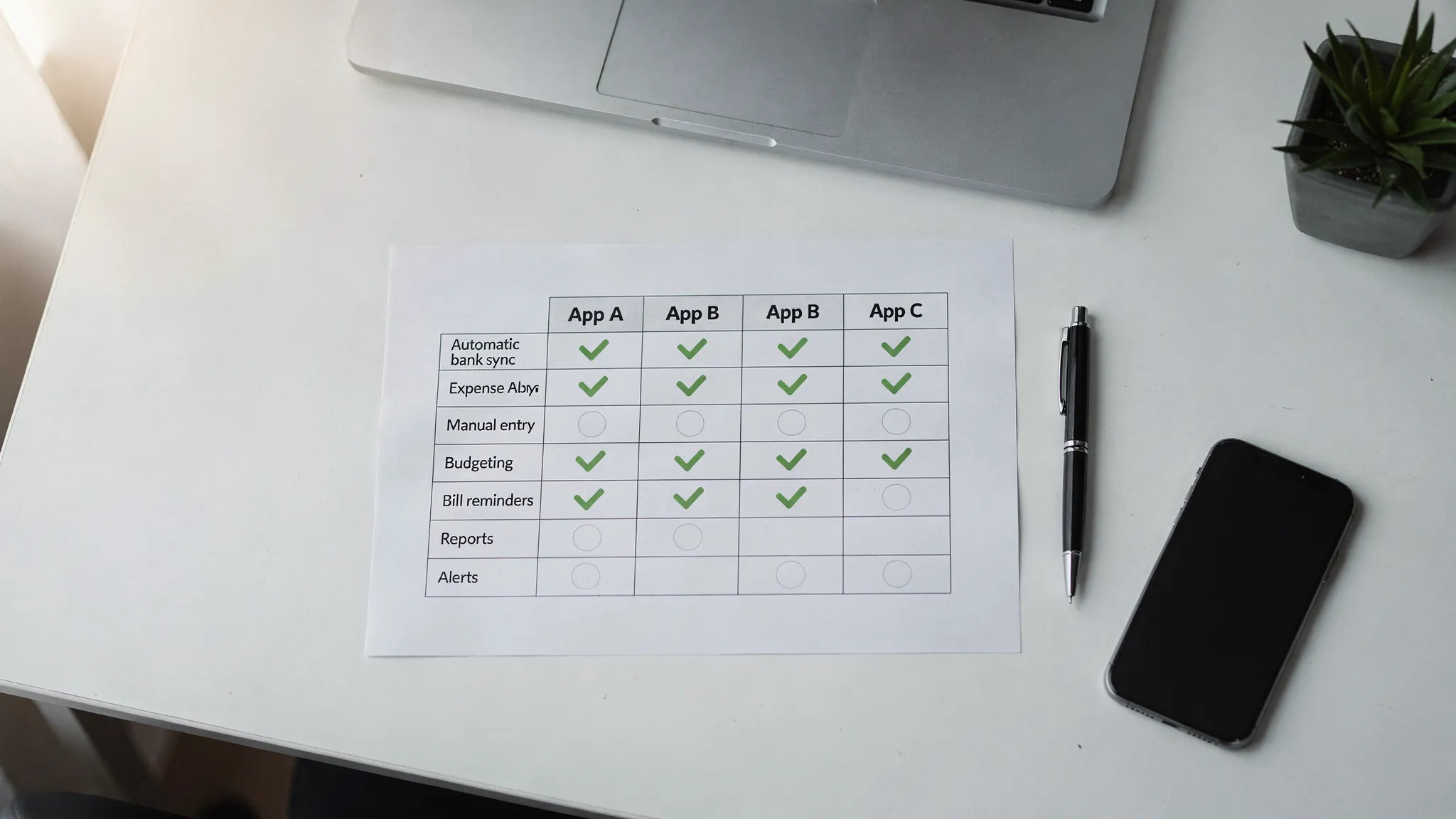 A simple comparison table on a desk showing key expense app features: automatic bank sync, manual entry, budgeting, bill reminders, reports, and alerts, with checkmarks across different apps.