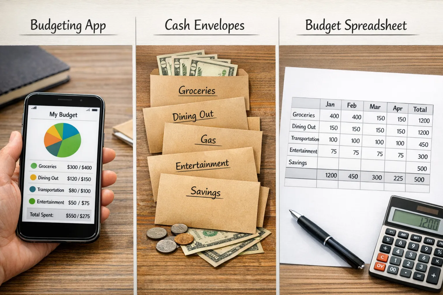A simple illustration comparing three budgeting approaches: a dashboard-style budgeting app view, an envelope-based budget with labeled categories, and a spreadsheet grid with monthly columns and totals.