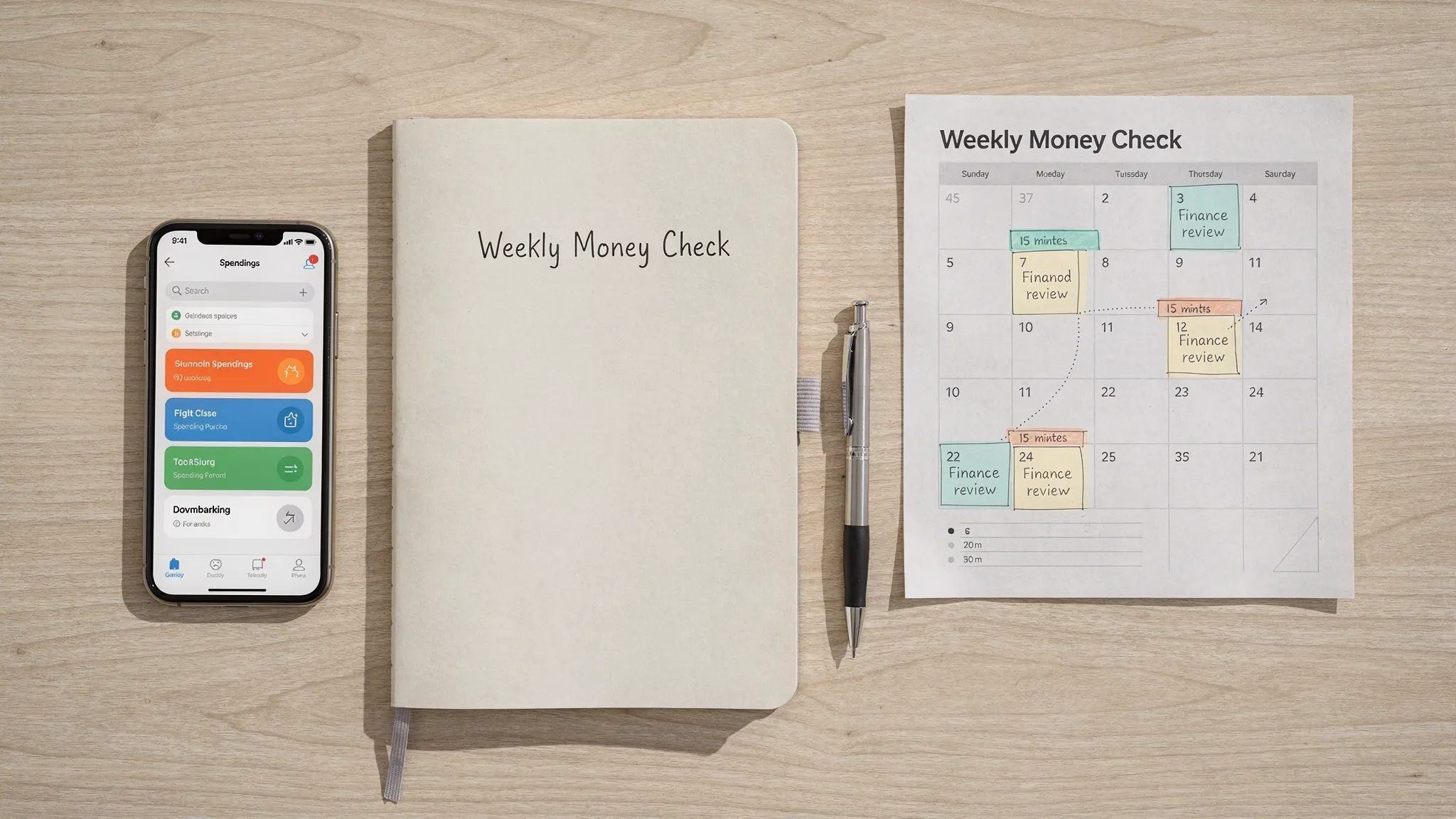 A simple monthly money review scene with a notebook labeled “Weekly Money Check,” a phone showing spending categories, and a calendar with four short 15-minute blocks marked for finance review, presented as a realistic tabletop photo.