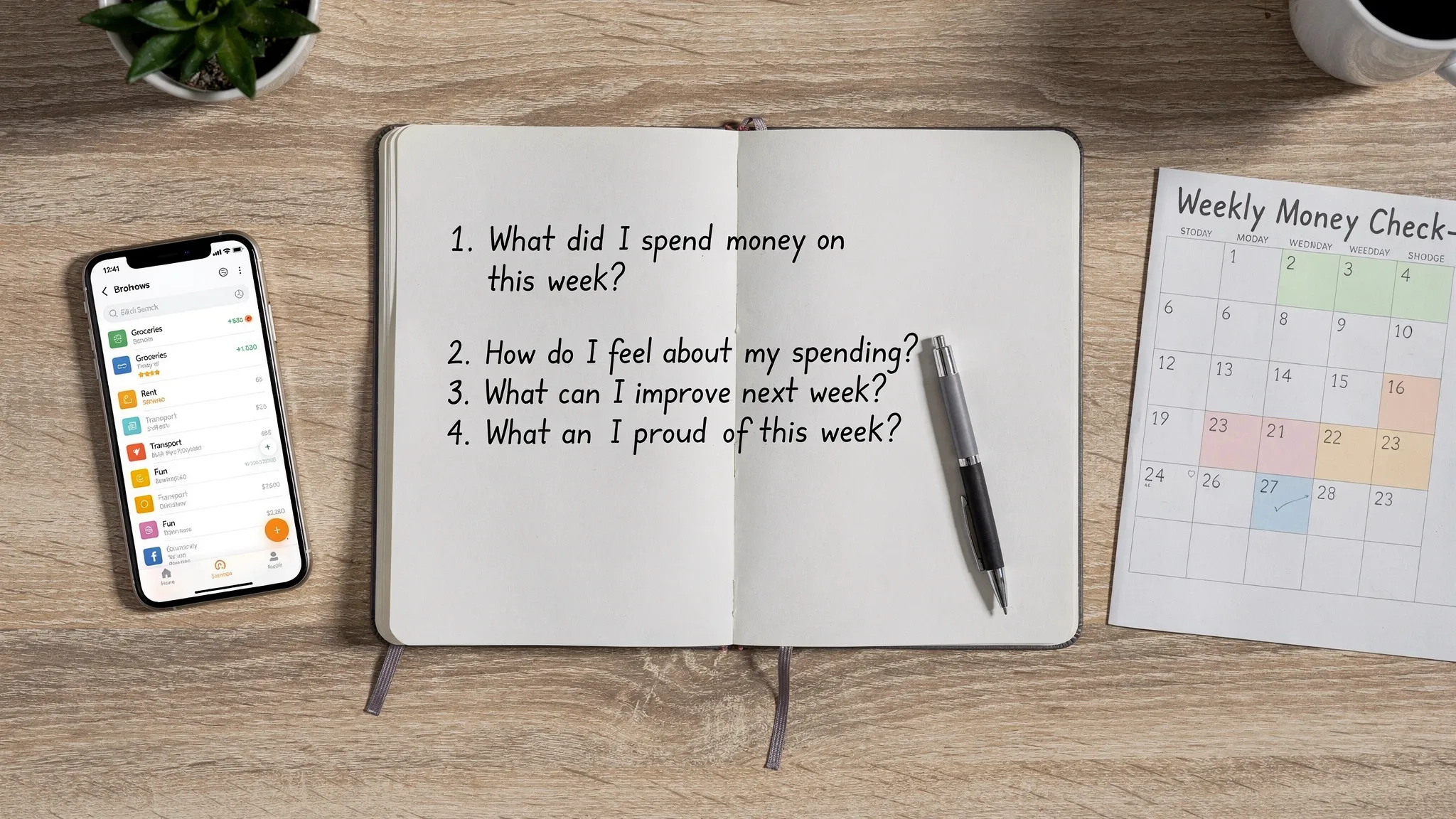 Personal Finance Apps Free: 2025 Favorites 3 A simple weekly money review scene showing a notebook with four review questions, a phone displaying spending categories, and a calendar with a highlighted weekly check-in, arranged on a tidy desk.