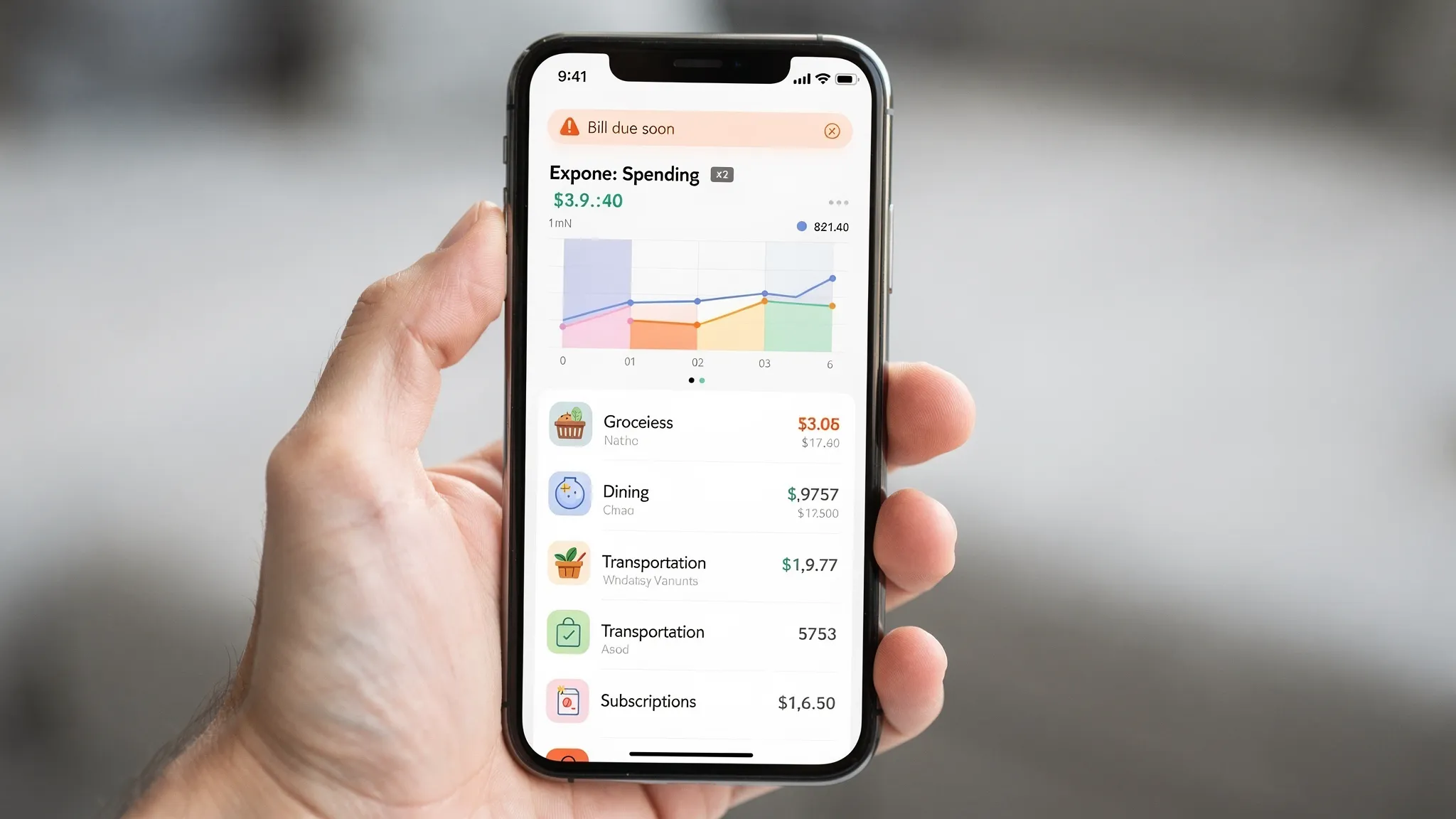 A smartphone screen showing an expense tracking app dashboard with categories like groceries, dining, transportation, and subscriptions, plus a monthly spending chart and an alert notification about a bill due soon.