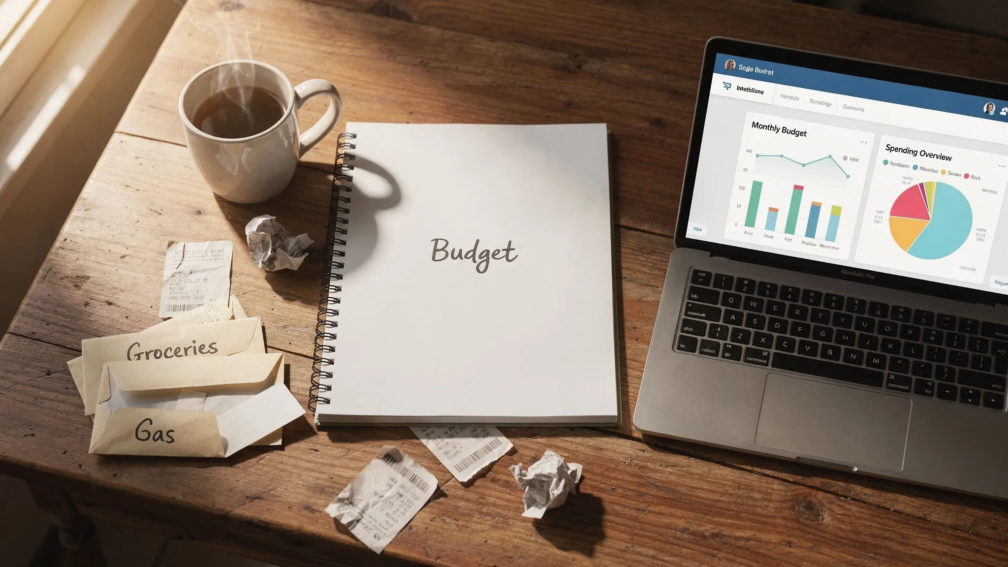 A top-down view of a kitchen table with a spiral notebook labeled “Budget,” a laptop showing a colorful personal finance dashboard, a small stack of envelopes for groceries and gas, scattered receipts, and a mug of coffee. Warm morning light highlights a simple, cozy home budgeting scene.
