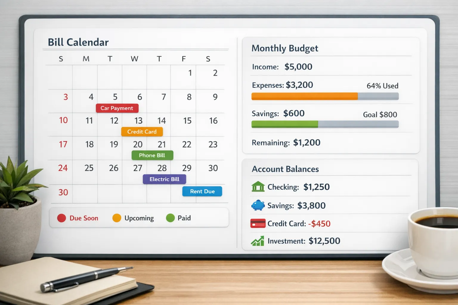 An organized personal finance dashboard showing a bill calendar with upcoming due dates, colored reminder badges, a monthly budget summary, and account balances in a clean, modern layout.