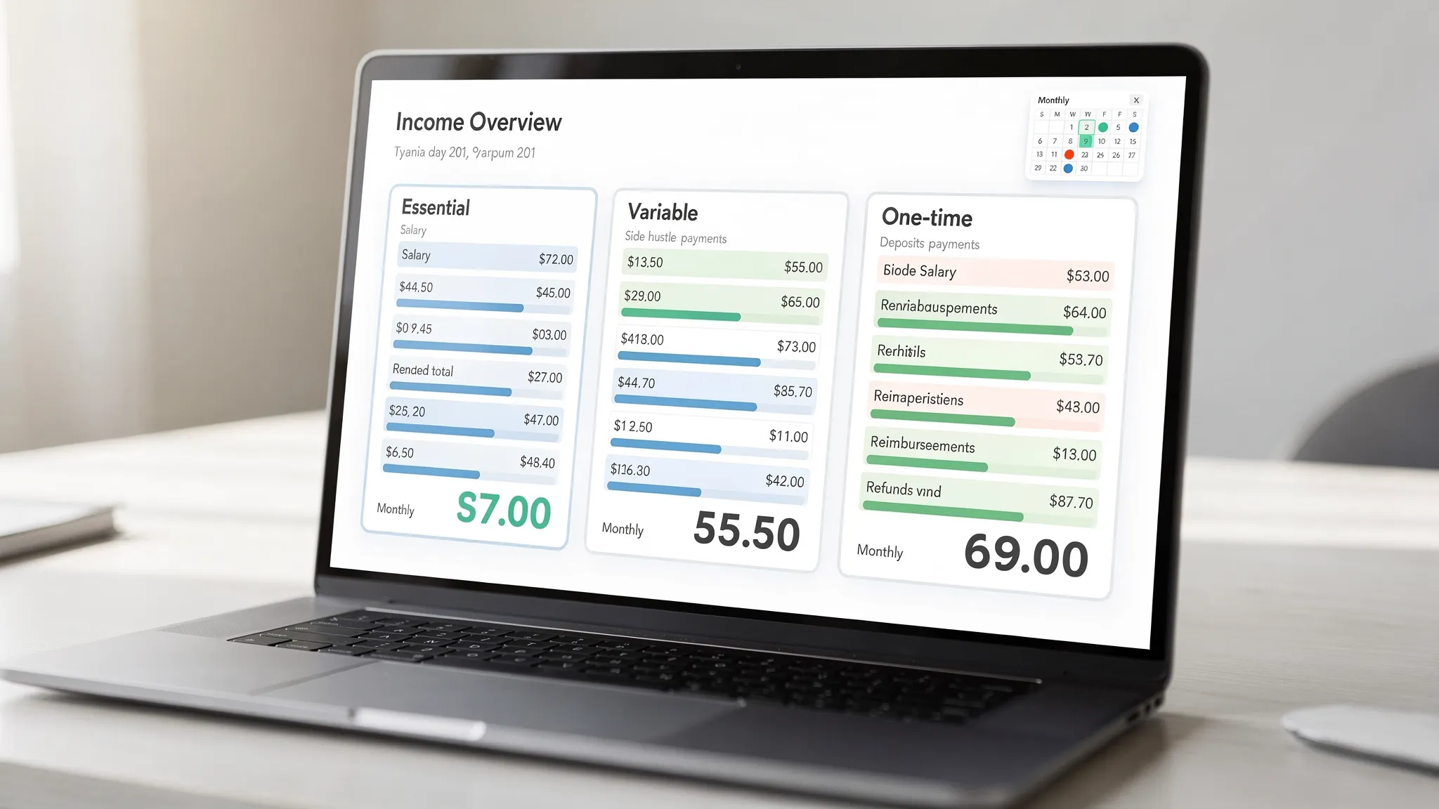 Illustration of an income tracking dashboard that groups deposits into three sections: Essential (salary), Variable (side hustle), and One-time (reimbursements/refunds), with simple monthly totals and a small calendar showing typical pay dates.