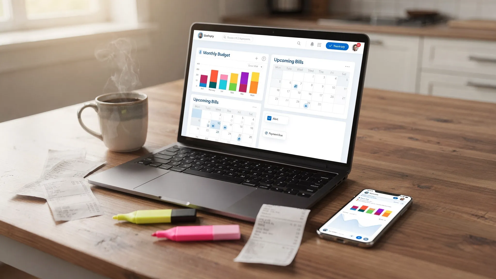 Morning kitchen table scene with a laptop and smartphone showing a personal finance dashboard that includes a monthly budget chart, upcoming bills calendar, and alerts; a coffee mug sits next to scattered receipts and two highlighters.