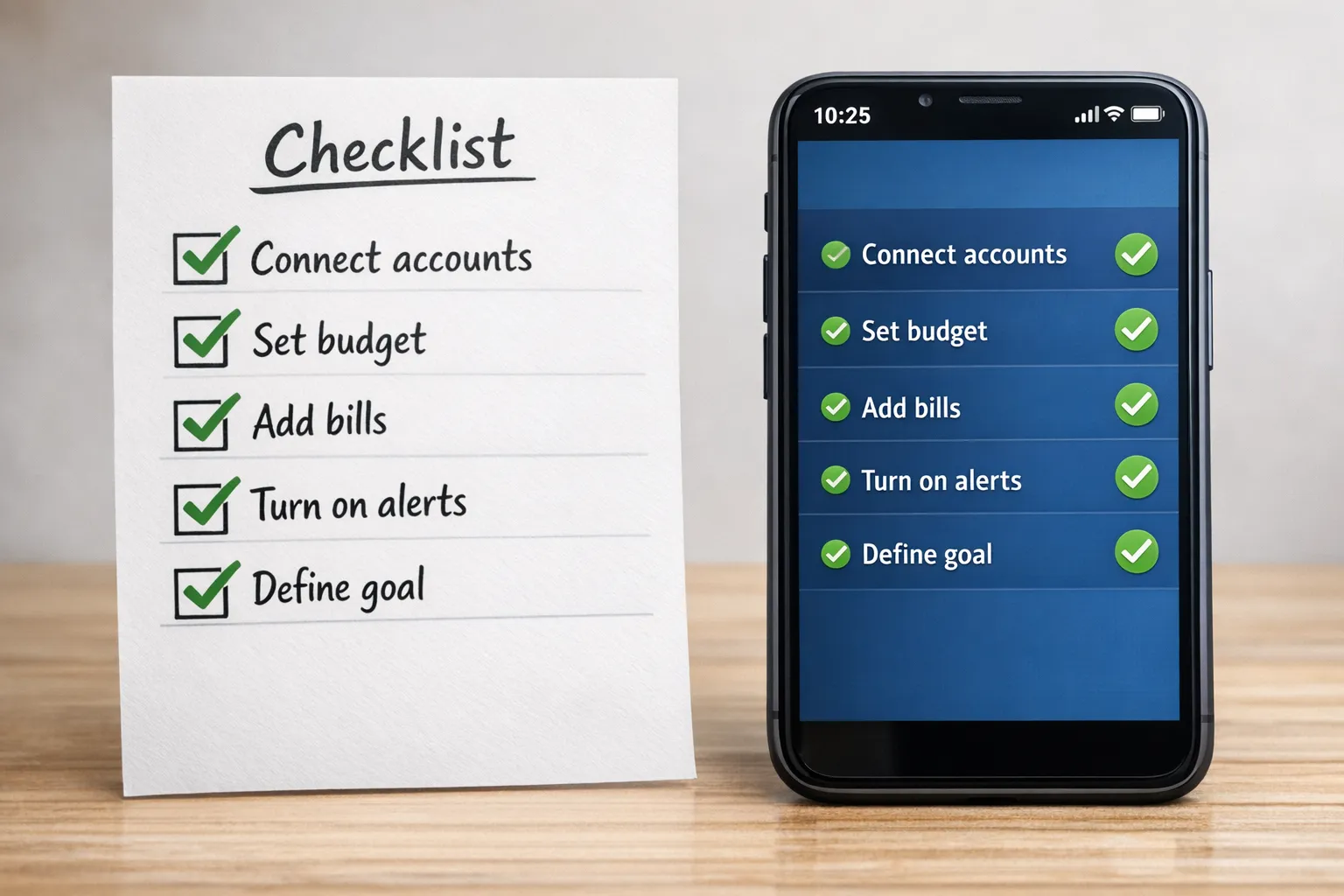 Simple checklist illustration next to a smartphone screen showing steps that read: Connect accounts, Set budget, Add bills, Turn on alerts, Define goal; a green check mark appears next to each item.